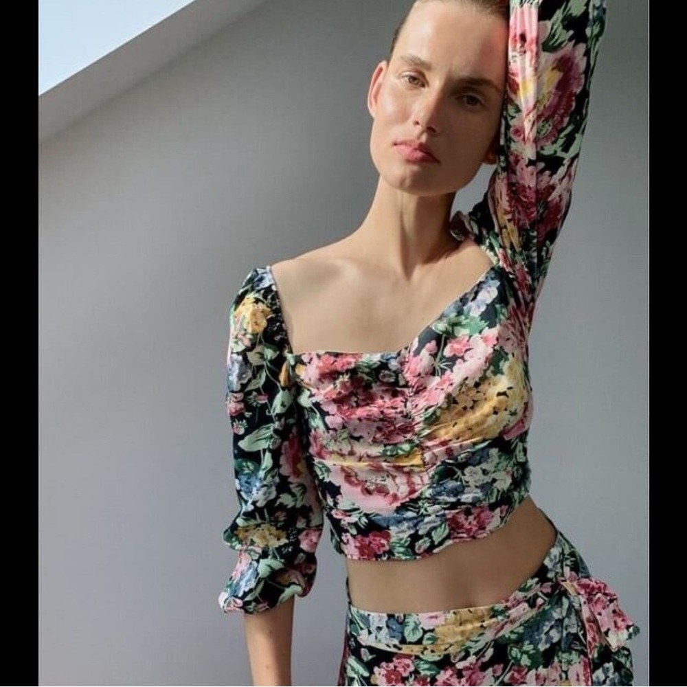 Zara Floral Puff Sleeve Crop Top – Cottagecore Coquette Romantic Blouse Size S